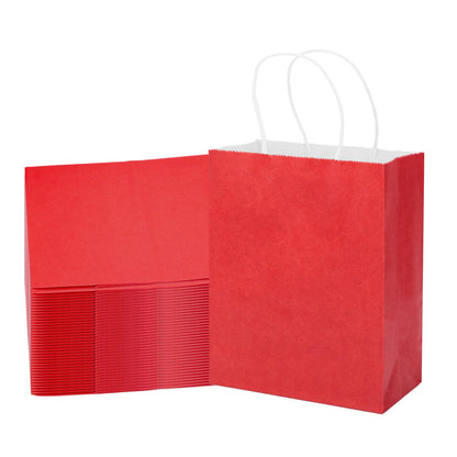MOZRRO Gift Bags, 100 Pack 10.5x8.5x4.5 Inch, Paper Bags with Handles, Red, Medium Size, Recyclable, Eco-Friendly, Birthday, Wedding, Bulk, Party, Lunch Bags