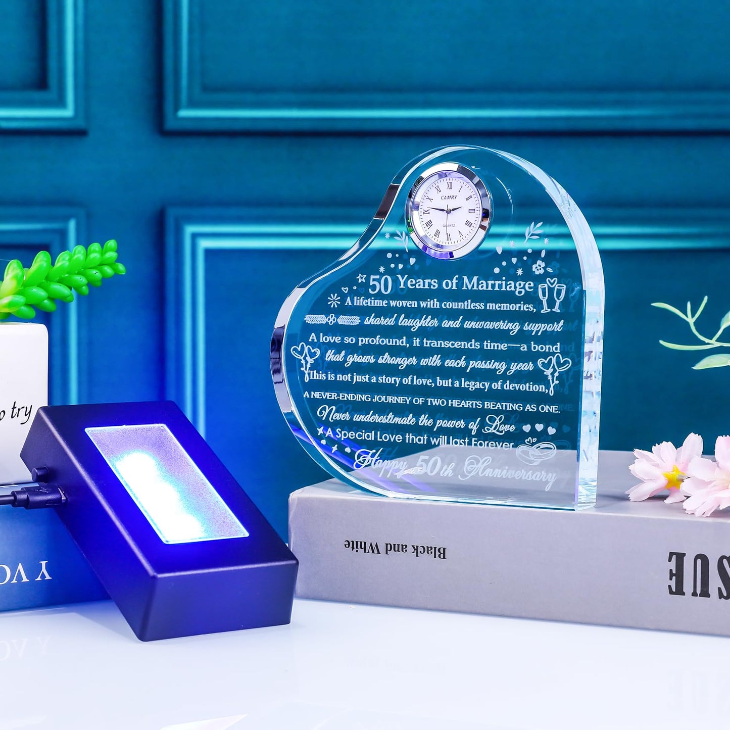 YWHL 50th Anniversary Heart Gifts for Couple 50th Wedding Anniversary Crystal Gifts for Wife Husband with Colorful LED Base Romantic 50 Years of Marriage Gift for Her Him (Battery not Included)