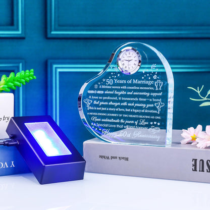 YWHL 50th Anniversary Heart Gifts for Couple 50th Wedding Anniversary Crystal Gifts for Wife Husband with Colorful LED Base Romantic 50 Years of Marriage Gift for Her Him (Battery not Included)