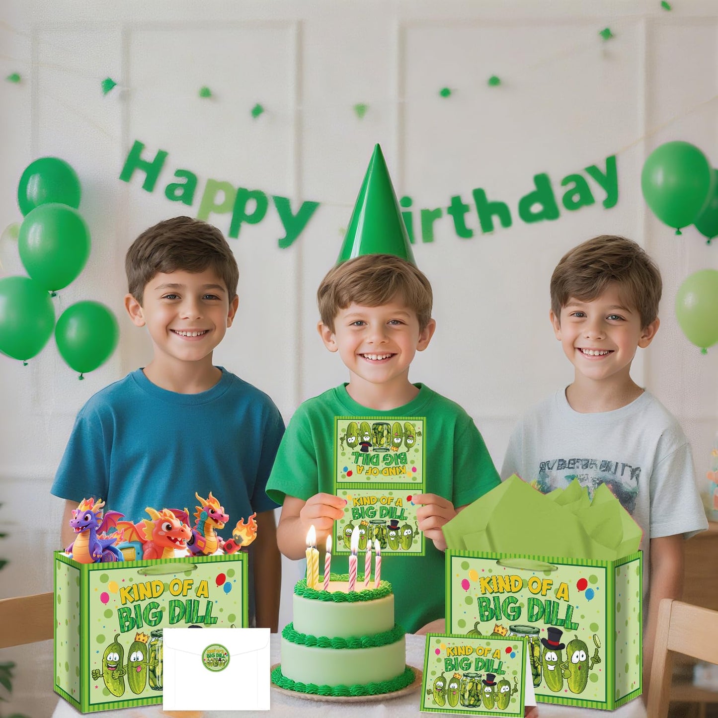 Allparty Funny Pickle Gift Bag Cute Pickle Birthday Bag with Wrapping Paper Card Sticker Envelope Fruit Vegetable Cucumber Party Goodies Favors Bags for Boys Girls Baby Shower Gifts Wrap