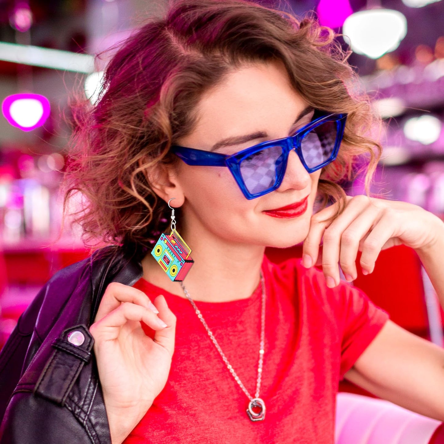 80s 90s Retro Cassette Tape Earrings, 3 Pairs Vintage Cassette Tape Earrings Neon Earring for Women Retro Geometric Drop Dangle Earring for 80s 90s Cosplay Party Outfit Gifts