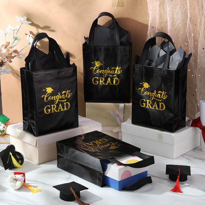HunnmingRe 24 Sets Graduation Gift Bags 2026 Bulk Shiny Non Woven Black Gold Congrats Grad Tote Bag with Handles and Tissue Wrapping Papers for College High School Party Favors, 8 x 10 x 4 Inch