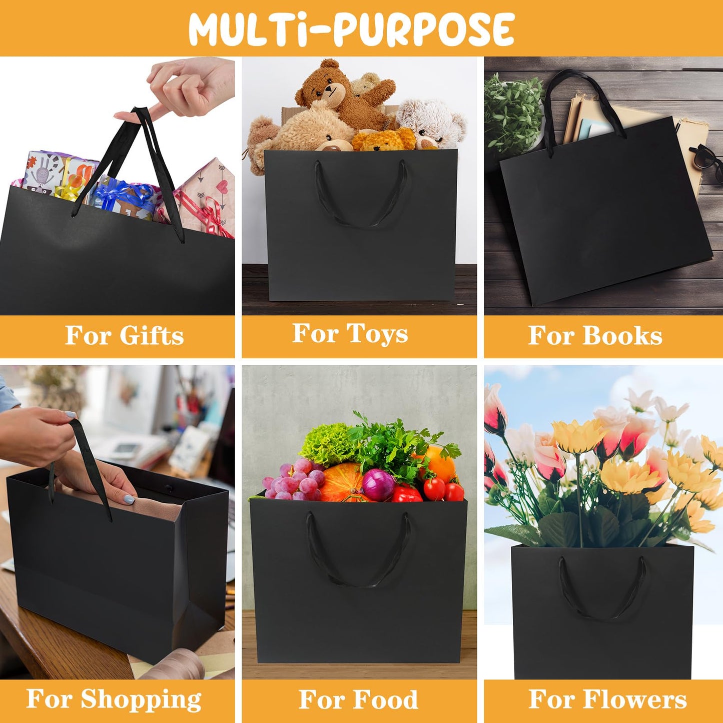 6 Pack Medium 10.5"x4"x8.1" Black Gift Bags with Tissue Papers, Kraft Shopping Bags with Ribbon Handles, Retail Wrapping Set for All Occasions