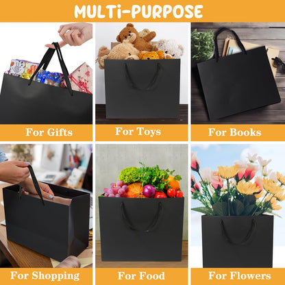 6 Pack Medium 10.5"x4"x8.1" Black Gift Bags with Tissue Papers, Kraft Shopping Bags with Ribbon Handles, Retail Wrapping Set for All Occasions