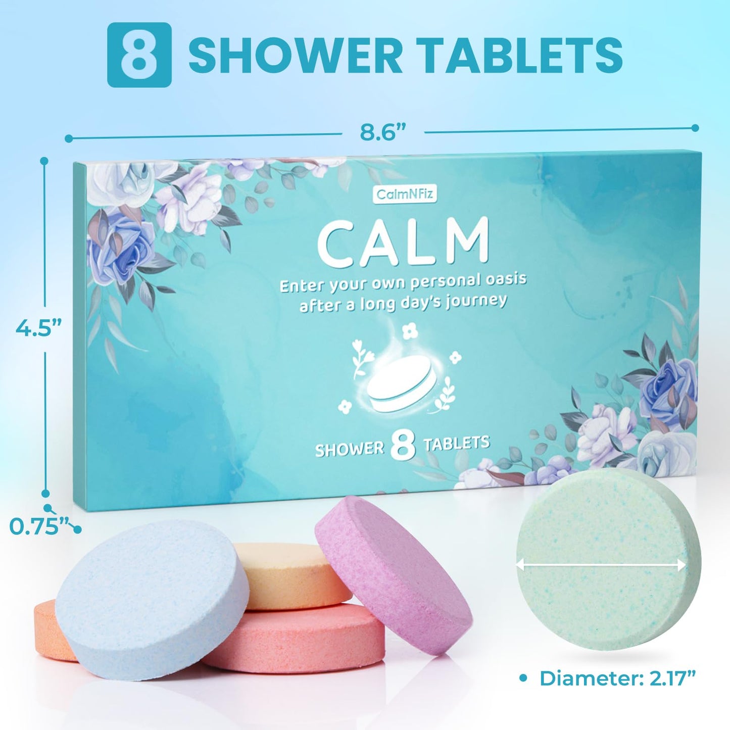 CalmNFiz Shower Steamers 8 Pack Set Shower Bombs Tablets in Box with 8 Fragrances with Shea Butter for Self-Care & Relaxation, Idea for Mothers Day, Women and Men