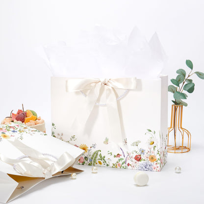 Crisky 2 Pack Wildflower Gift Bag with Tissue Paper and Cards for Wedding, Bridal Shower, Engagement, Bachelorette, Birthday, Tea Party