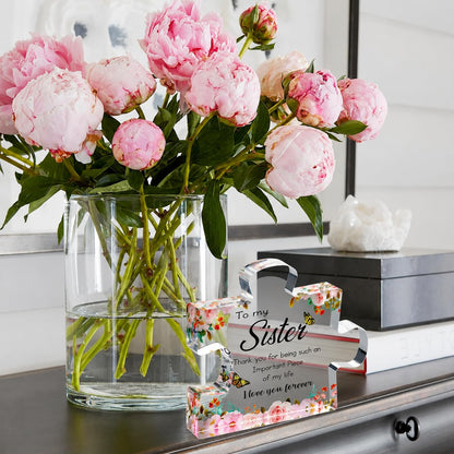 VELENTI Gifts for Mothers Day - Sister Engraved Acrylic Puzzle Piece with Heartfelt Message - Perfect Sister Birthday, Thanksgiving, Paperweights - Cute Decoration for Home, Office