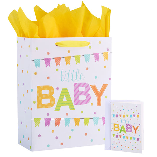 SUNCOLOR Large Gift Bag for Baby Shower with Tissue Paper, White Paper Bag with Colorful Banner Design, 13x10.2x4.7 Inches, Includes Card and Yellow Tissue Paper