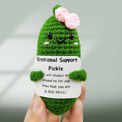 Emotional Encouraging Pickle,Funny Pickle with Support Card,Cute Knitted Crochet Dolls Soft Plush for Friend Gifts (Pickle)