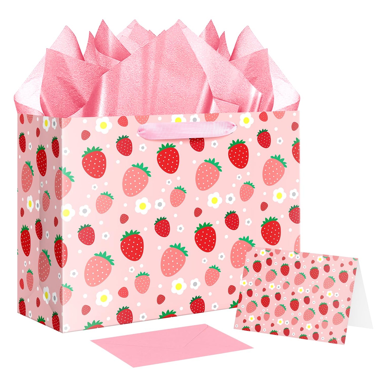 XiaosRen Large Strawberry Birthday Gift Bag with Tissue Paper and Card, Pink Gift Bag for Girls Kids Birthday, Baby Shower Party Supplies.