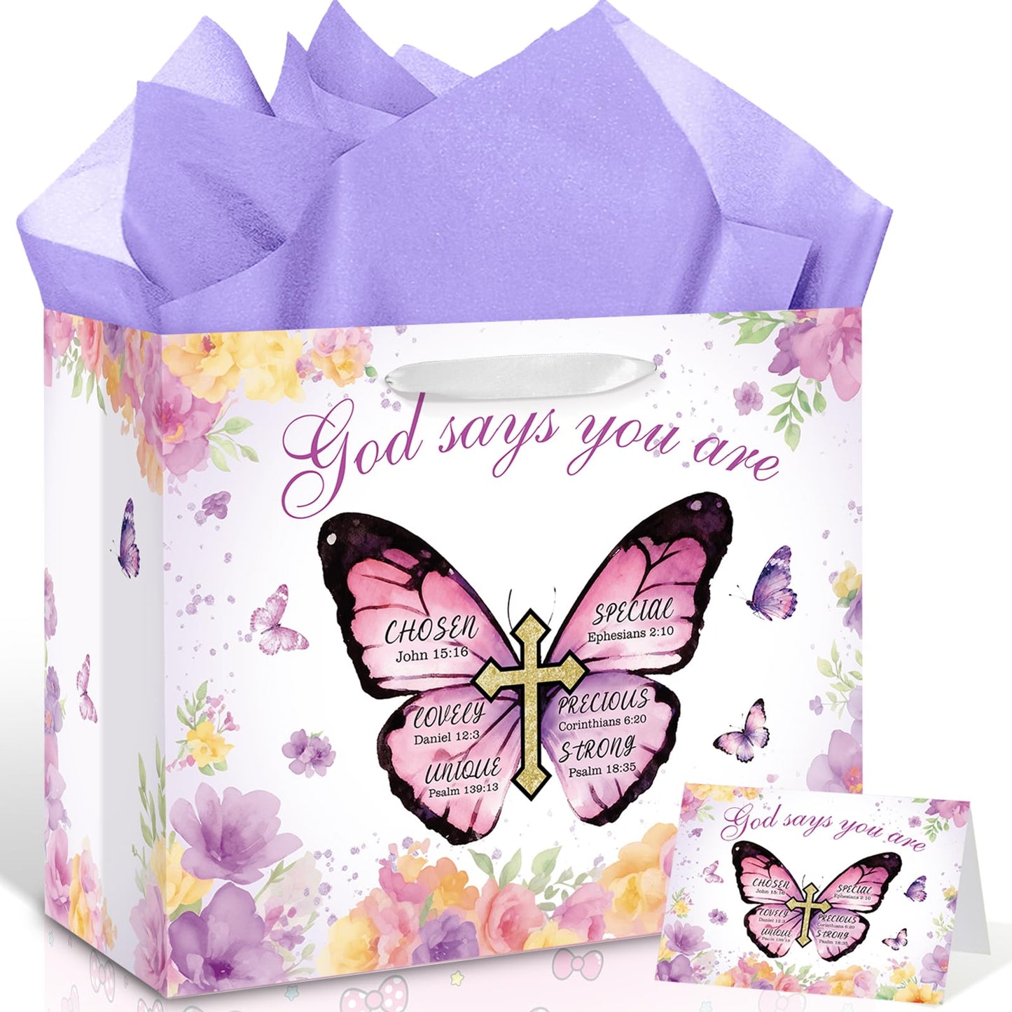 Butterfly Christian Baptism Gift Bag for Girls Women Purple Floral Religious Communion Gift Bags Wrapping Paper Card Flower Butterfly Cross Christening Confirmation Favor Bag Bible Verse Birthday Baby Shower Party Supplies Decor