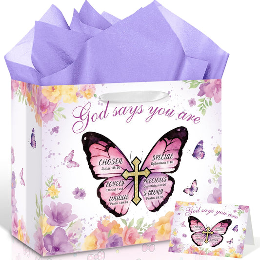 Butterfly Christian Baptism Gift Bag for Girls Women Purple Floral Religious Communion Gift Bags Wrapping Paper Card Flower Butterfly Cross Christening Confirmation Favor Bag Bible Verse Birthday Baby Shower Party Supplies Decor