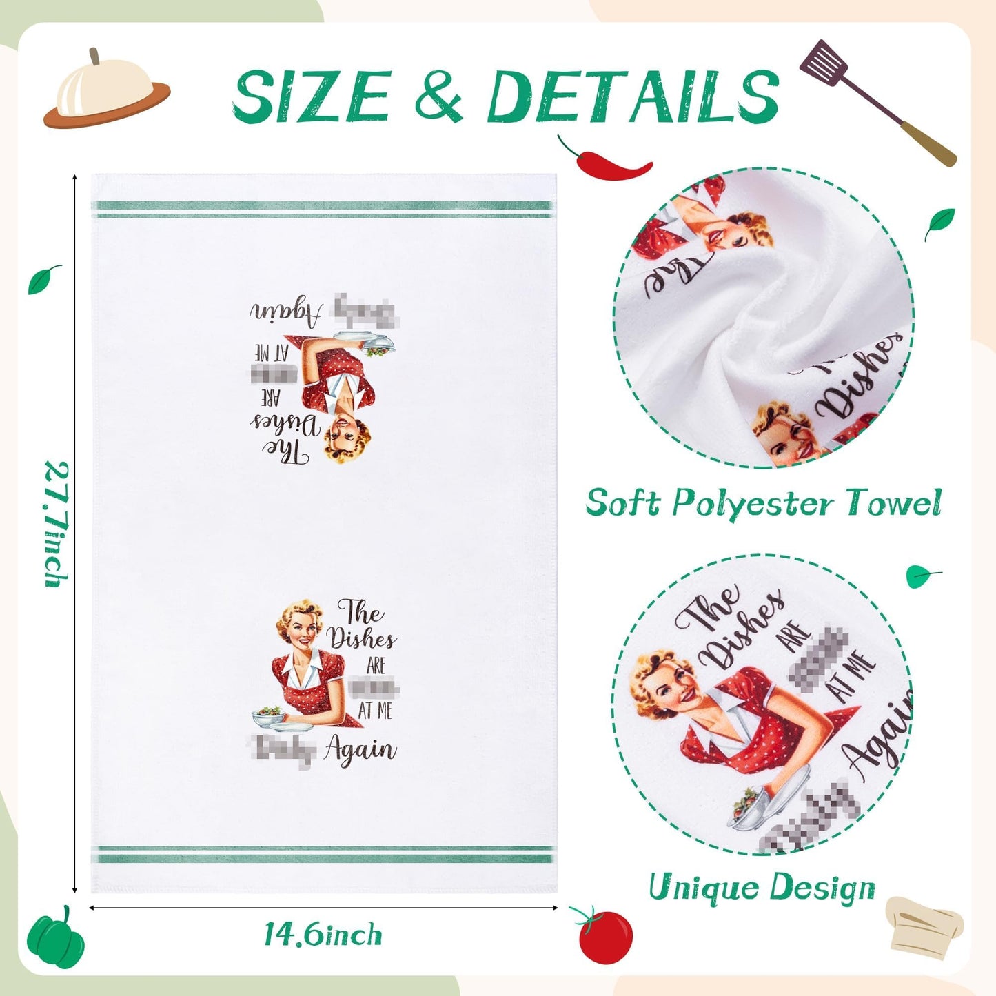 R HORSE 5Pcs Funny Kitchen Dish Towels, Funny Joked Themed Kitchen Dishcloth Absorbent Retro Sassy Lady Cleaning Dishcloth Bar Hilarious Hand Towel Gifts for Hostess Mom Women Housewarming