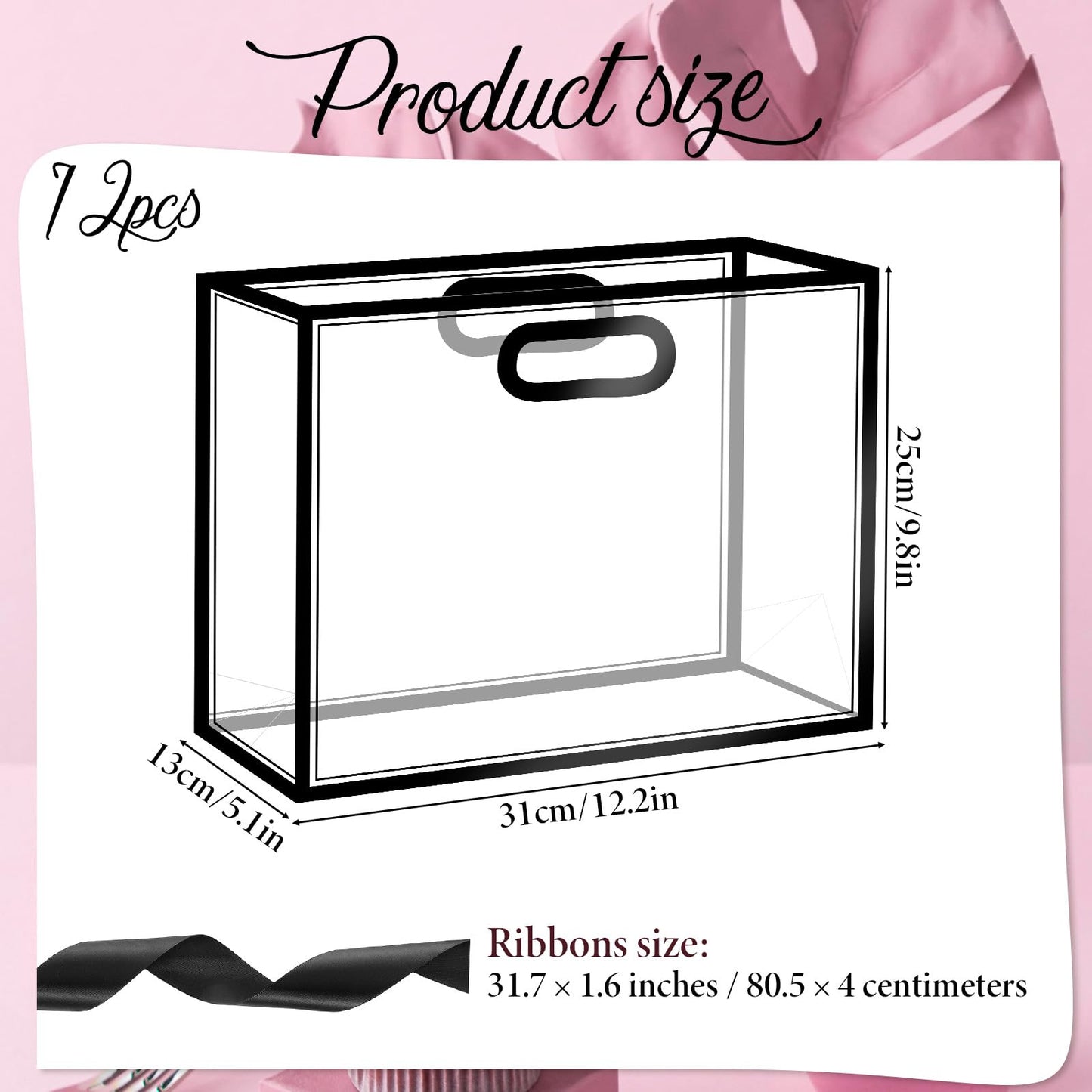 Oqqlin 12 Pcs Black Clear Gift Bags with Handles, 12.2 x 5.1 x 9.8 Inch Plastic Party Favor Bags with DIY Ribbon Reusable Goodie Tote Bag for Wedding, Birthday, Valentine's Day, Baby Shower