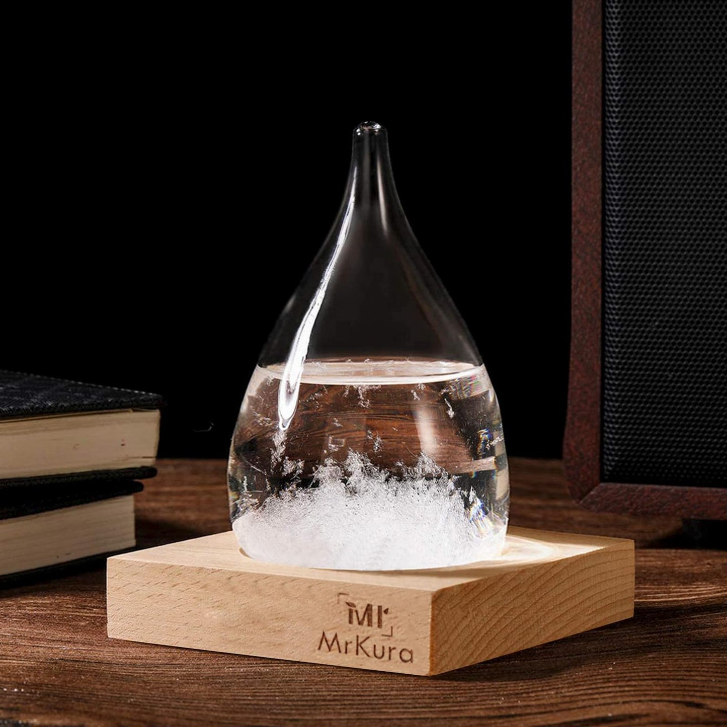 Storm Glass Crystal Weather Forecast Bottle with Wooden Base, Decorative Drop-Shaped Glass Bottle Christmas Decoration for Home and Office Christmas Gift