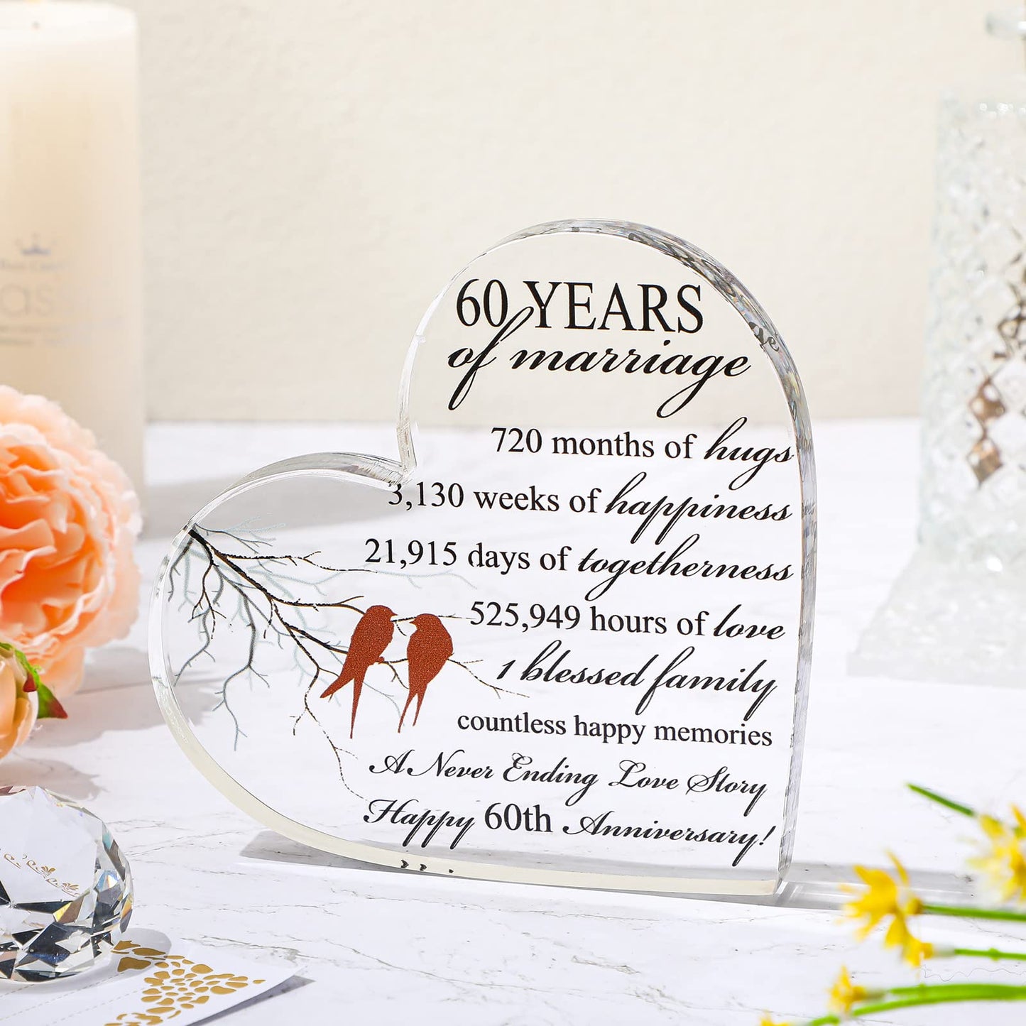 Qunclay 60th Years of Marriage Gift Wedding Anniversary Souvenir Heart Marriage Keepsake Decoration Present for Couple Parent Women Mom Husband Wife He She Friend Grandparents