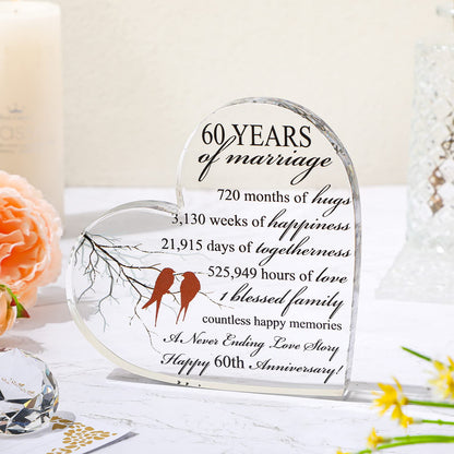 Qunclay 60th Years of Marriage Gift Wedding Anniversary Souvenir Heart Marriage Keepsake Decoration Present for Couple Parent Women Mom Husband Wife He She Friend Grandparents