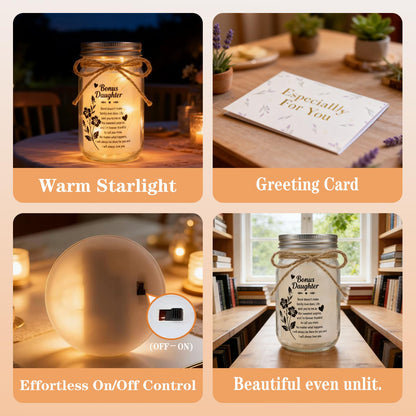 Bonus Daughter Mason Jar Night Light, Bonus Daughter Birthday Gifts from Stepmom, Step Daughter Gifts, Best Step Daughter Gift Idea for Birthday Christmas Comfort Decor