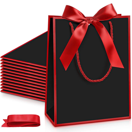 Silkfly 12 Pcs Wedding Paper Gift Bags with Handle 9x7x3.15'' Thank You Gifts Bags with Ribbon Bow Bridal Shower Gifts for Baby Shower Graduation Holiday Birthday Party Supplies (Black,Red)