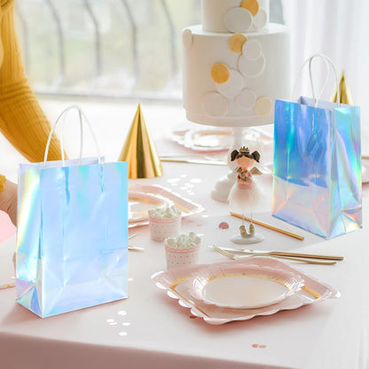 BLEWINDZ 32Pcs Small Paper Gift Bags with Tissues, Iridescent Party Favor Bags with Handles, Holographic Silver Gift Bag for Wedding Baby Shower Birthday Party Supplies