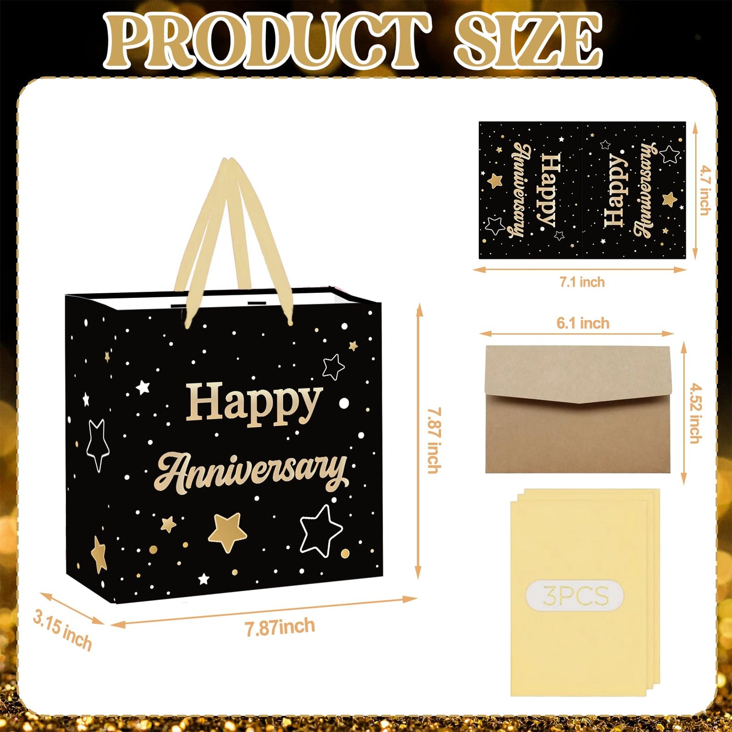 ONANNA Small Anniversary Themed Gift Bag with Tissue Paper and Greeting Card 7" Wedding Anniversary Wrpping Gifts Bag for Men Women Boyfriend Husband, Black Gold Romantic Milestone Party Supplies