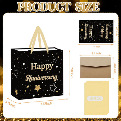 ONANNA Small Anniversary Themed Gift Bag with Tissue Paper and Greeting Card 7" Wedding Anniversary Wrpping Gifts Bag for Men Women Boyfriend Husband, Black Gold Romantic Milestone Party Supplies
