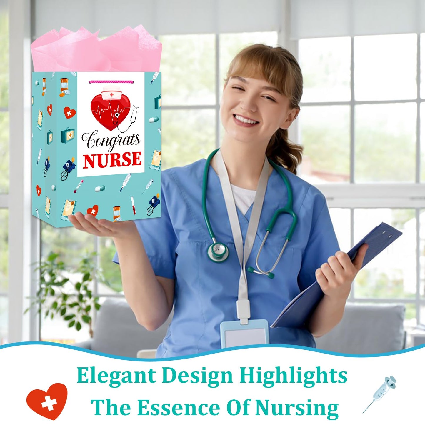 BIZIBAFF Nurse Graduation Gifts Bag - 13" Large Nursing School Gift Bag for Her Women Congrats Nurses Wrap Paper Bag for New Nurse Party Favor Bag with Tissue Paper