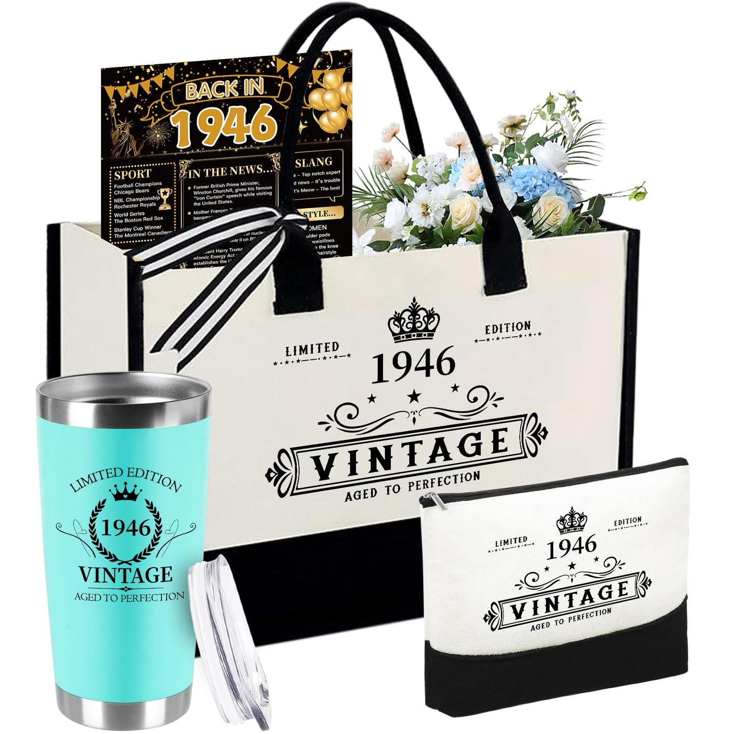 80th Birthday Gifts for Women Her- 4 pcs, Turning 80 Year Old Gifts, Decorations Canvas Beach Tote Bag & Makeup Bag, Unique Happy 80th Present for Her Mom Wife Friends