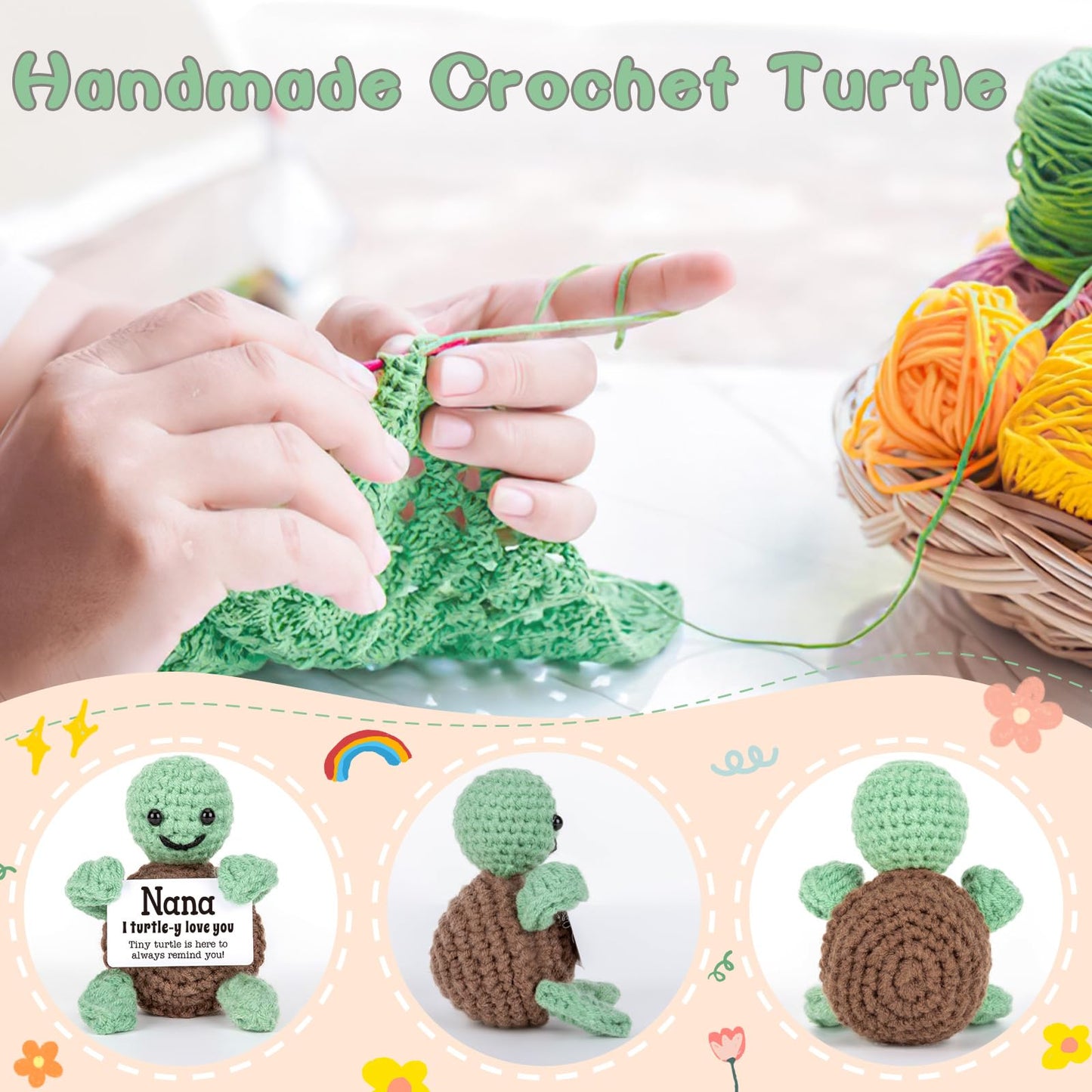 4THFARMES Mini Funny Turtle Nana Gifts from Grandkids, Birthday Gifts for Nana from Granddaughter Grandson, I Love You Small Cute Stuff Things, Handmade Emotional Positive Crochet Turtle