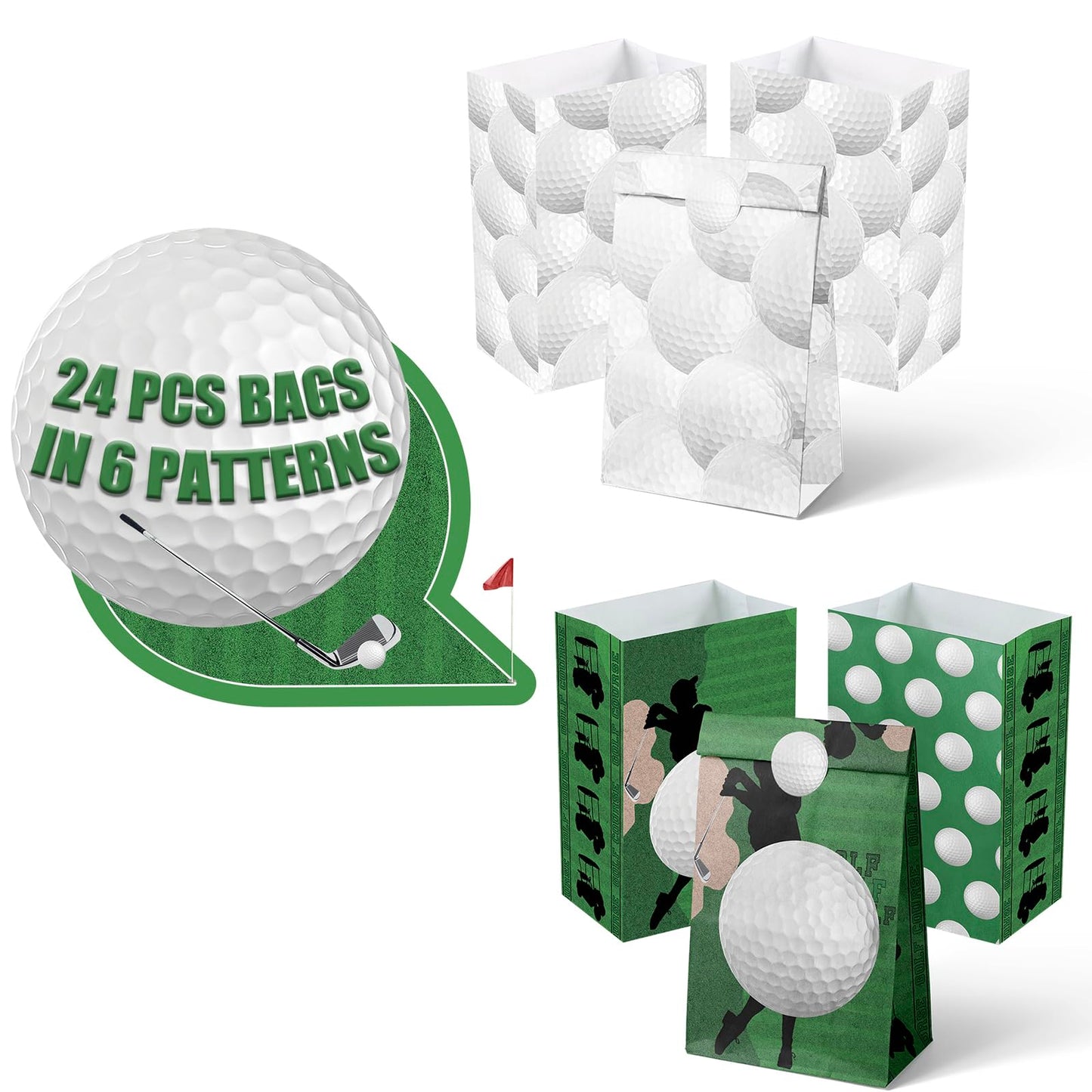 Golf Party Favor Bags – 24 Pcs Golf Gift Bags with 5 Designs, Paper Goodie Bags for Sports Theme Birthday Party Decorations and Golf Event Supplies