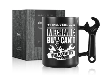 Onebttl Mechanic Gifts Wrench Coffee Mug, Mechanic Gift, 13.5oz/400ml Funny Ceramic Mug for Christmas, Father's Day, Fix Stupid