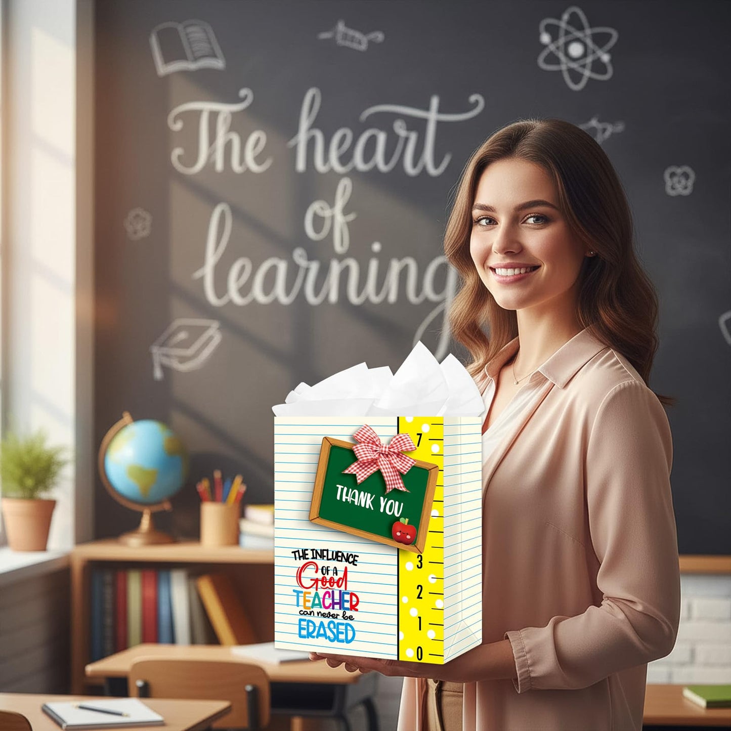D4DREAM Teacher Gift Bag - 11.5'' Sturdy End of Year Teacher Appreciation Gift Bag with Handles and Tissue Paper for Graduation Teachers Retirement Teacher Party Supplies