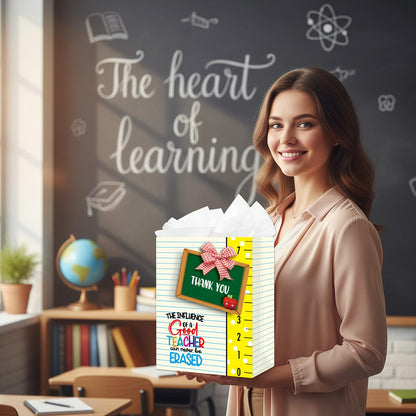 D4DREAM Teacher Gift Bag - 11.5'' Sturdy End of Year Teacher Appreciation Gift Bag with Handles and Tissue Paper for Graduation Teachers Retirement Teacher Party Supplies