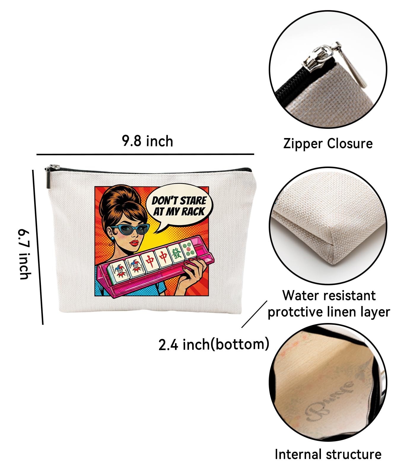 ZUYUROU Funny Mahjong Gifts for Women - Don't Stare At My Rack Makeup Bag - Retro Pop Art American Mahjong Accessories - Zipper Pouch for NMJL Card, Tiles, and Cosmetics - Unique Game Night Prize