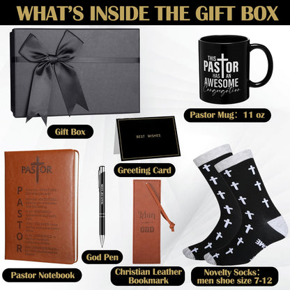7 Pcs Pastor Appreciation Gift for Men Christian Pastor Gift Includes Leather Journal Man of God Bookmark Pen 11 oz Coffee Mug Cross Crew Socks Box for Birthday Fathers Day(Brown and Black)