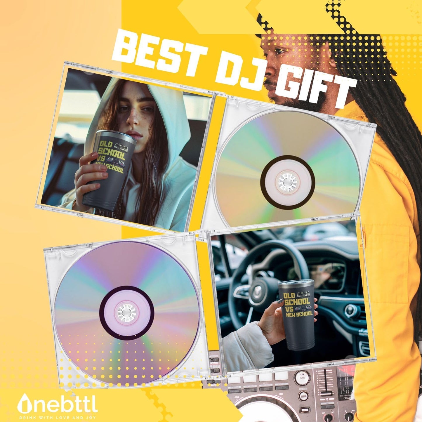 Onebttl DJ Gifts for Men, Women, Disc Jockey Gifts, DJ Tumbler, Old School New School, Gifts for Disco Lovers, Bar Lovers, Stainless Steel Tumbler 20OZ - Black, Manual