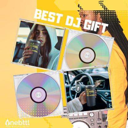 Onebttl DJ Gifts for Men, Women, Disc Jockey Gifts, DJ Tumbler, Old School New School, Gifts for Disco Lovers, Bar Lovers, Stainless Steel Tumbler 20OZ - Black, Manual