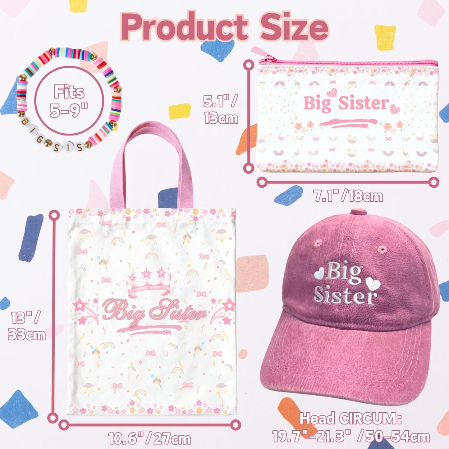 4pcs Big Sister Gifts Set with Embroidered Baseball Caps, Bag, Pen Pouch & Bracelet for Announcement Gift