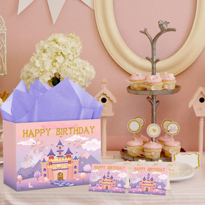 Hooqict Large Princess Gift Bag Birthday Gift Wrap Bag with Ribbon Handles, Tissue Paper, Greeting Card for Kids Girls Women Castle Princess Birthday Party Decorations Favor (Pink and Purple)