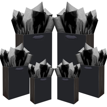 qiqee Black Gift Bags with Tissue Paper Mulit Assorted Sizes 10PCS Present Party Favor Birthday Bags(2pcs Large 13", 4pcs Medium 9", 4pcs Small 6" Bags,Tissue Paper)