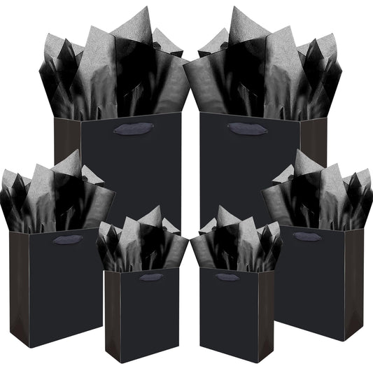 qiqee Black Gift Bags with Tissue Paper Mulit Assorted Sizes 10PCS Present Party Favor Birthday Bags(2pcs Large 13", 4pcs Medium 9", 4pcs Small 6" Bags,Tissue Paper)