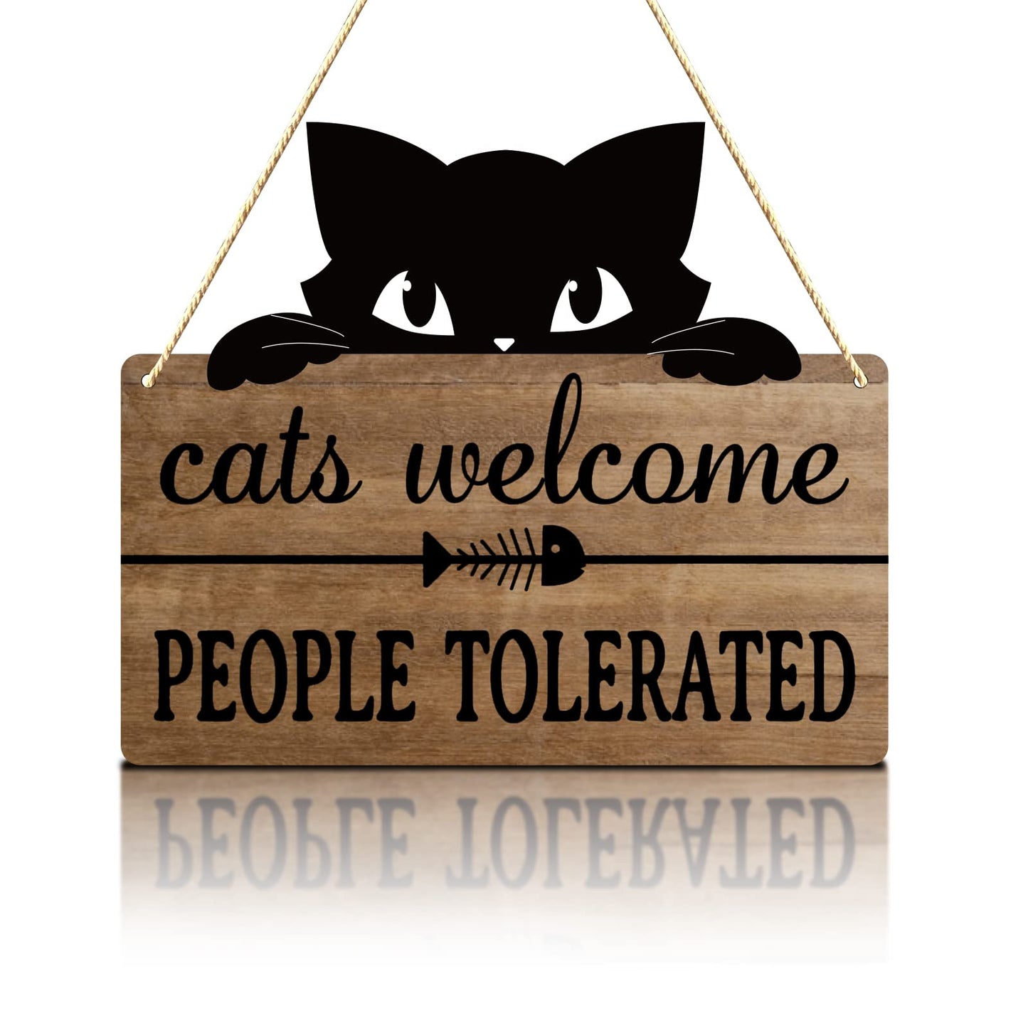 Cat Welcome People Tolerated Sign - Funny Cat Wall Decor for Home, Rustic Hanging Wooden Plaque with Black Cat， Unique Gift for Cat Lovers Women Men