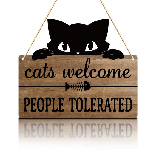 Cat Welcome People Tolerated Sign - Funny Cat Wall Decor for Home, Rustic Hanging Wooden Plaque with Black Cat， Unique Gift for Cat Lovers Women Men