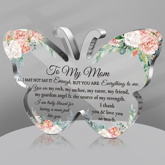 Jetec Mom Gifts from Daughter Son Mother Sign Birthday Gifts Acrylic Butterfly Shape Block Birthday Plaque 5.91'' Glass Sign Presents Grateful Mother Day Christmas Gift(to My Mom)