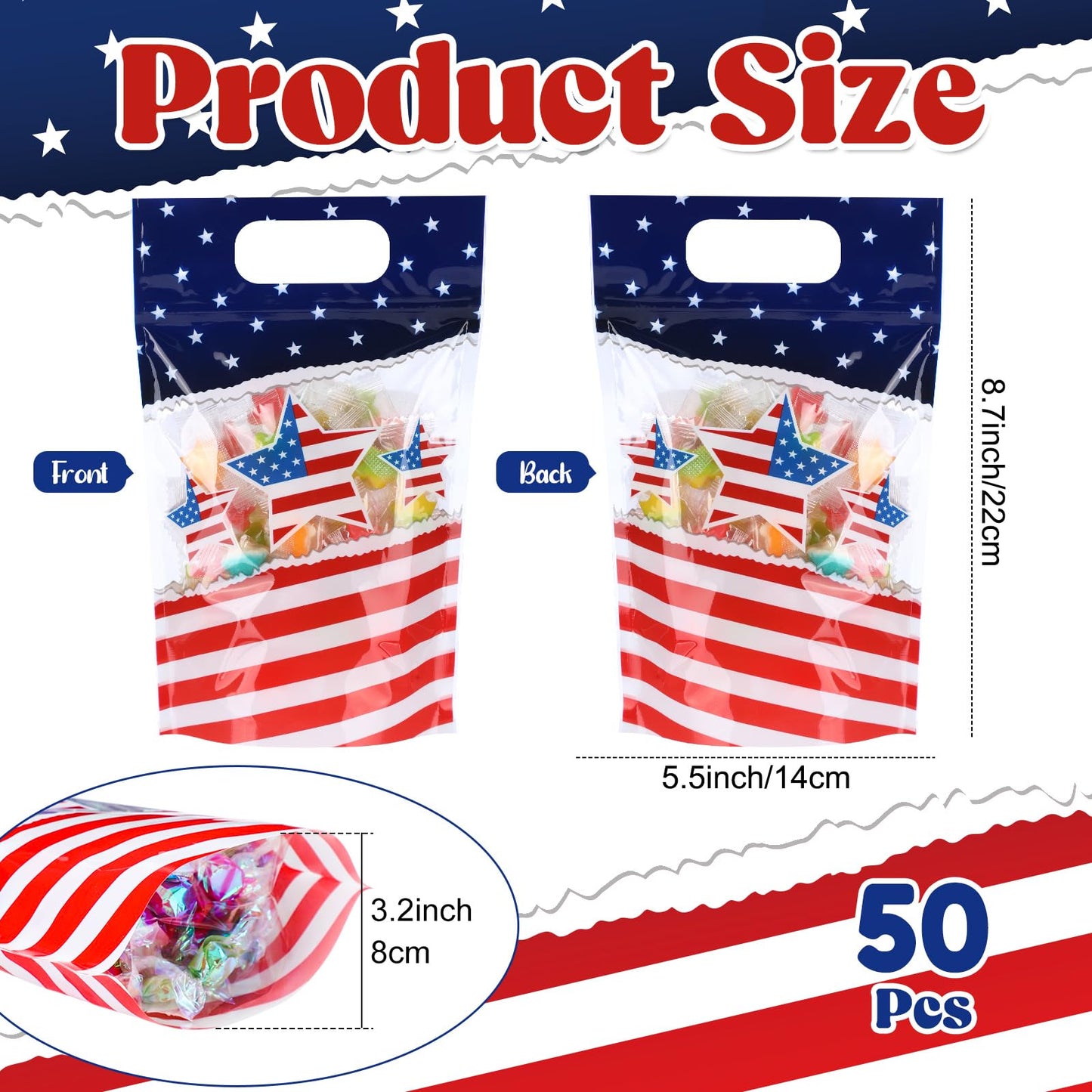 Fuutreo 50 Pcs 250th Anniversary Bags Patriotic Clear Sealed Pouches with Handles Resealable 4th of July Plastic Gift Bag for Independence Day Memorial Labor Day Candy Gift Wrap Supplies Decoration