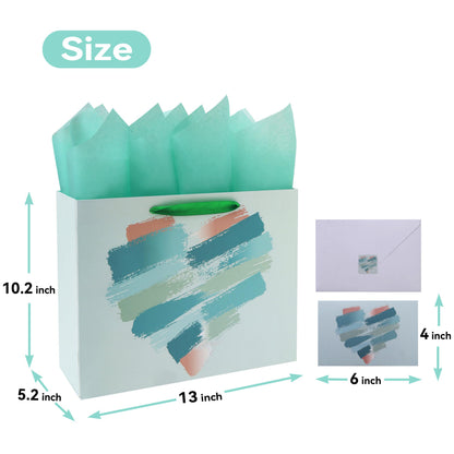 wishinside 13" Large Mint Green and Peach Gift Bag Set with Greeting Card and Tissue Papers for Valentines Day, Birthday Party, Wedding, Anniversary, Mother's Day, Brushstroke Heart Design, 1Pcs