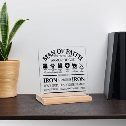 Christian Gifts for Men, Man of Faith Put on the Full Armor of God Quotes Bible Verse Acrylic Plaque Sign, Inspirational Bible Gift for Office Home Decor(A)