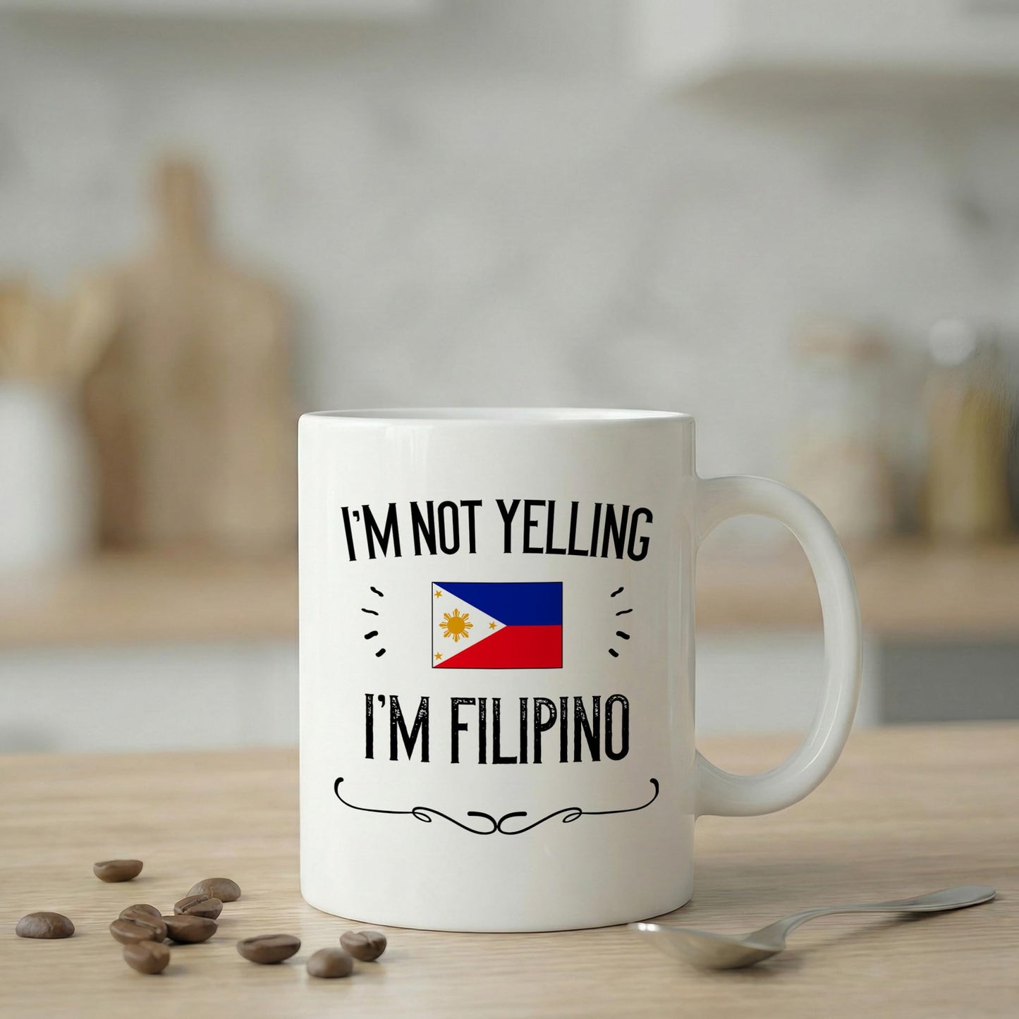 Casitika Philippines Pride Souvenir and Gifts. I'm Not Yelling I'm Filipino 11 Ounce Coffee Mug. Gift Idea for Proud Wife, Husband, Friend or Coworker Featuring the Country Flag. (White)