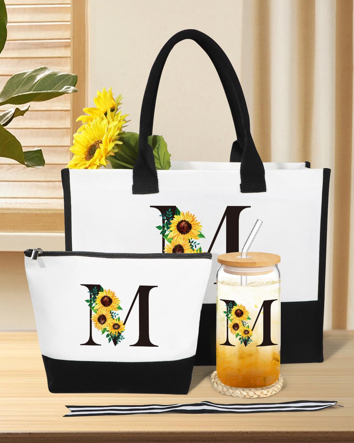 Personalized Gifts for Women, Monogrammed Gifts for Women, Initial Monogram Sunflower Birthday Mothers Day Gift for Mom Sister Best Friends - Monogrammed Canvas Tote Bag & Makeup Bag & Glass Cup M
