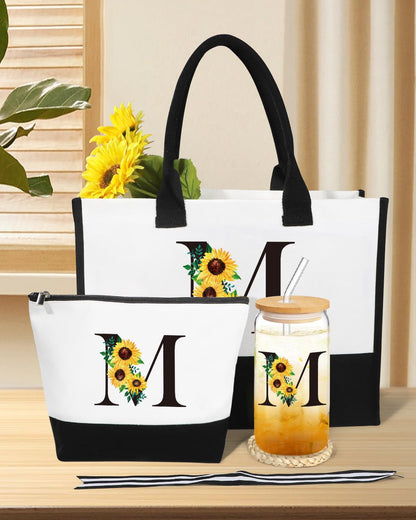Personalized Gifts for Women, Monogrammed Gifts for Women, Initial Monogram Sunflower Birthday Mothers Day Gift for Mom Sister Best Friends - Monogrammed Canvas Tote Bag & Makeup Bag & Glass Cup M
